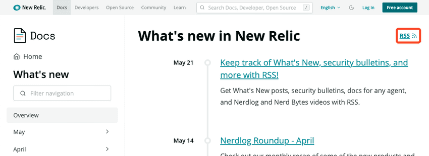 RSS feed link on the What's New page